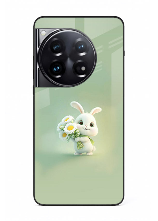 Pastel bunny artwork on OnePlus 12 glass back cover with playful soft floral details.