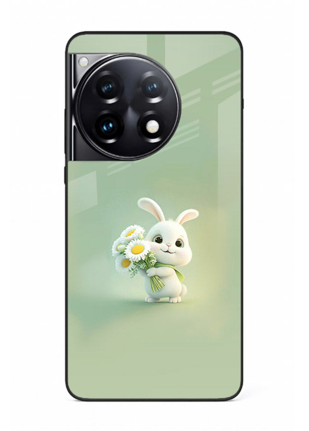 Pastel bunny artwork on OnePlus 12R glass back cover with playful soft floral details.