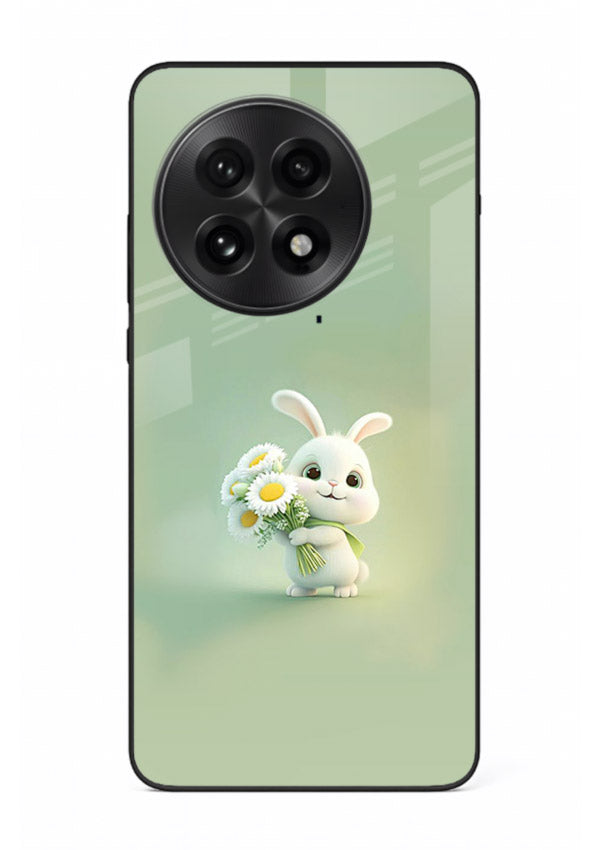 Pastel bunny artwork on OnePlus 13 glass back cover with playful soft floral details.