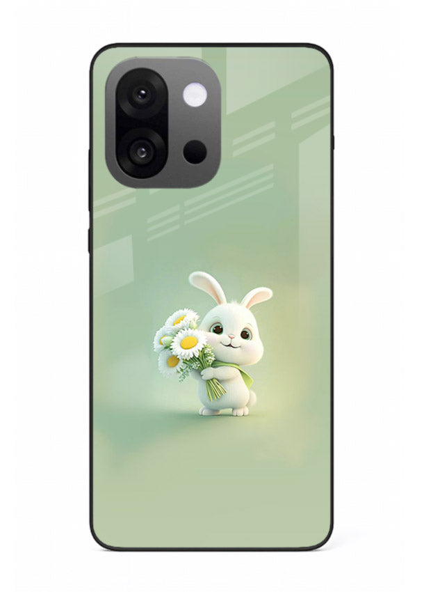 Pastel bunny artwork on OnePlus 13s glass back cover with playful soft floral details.