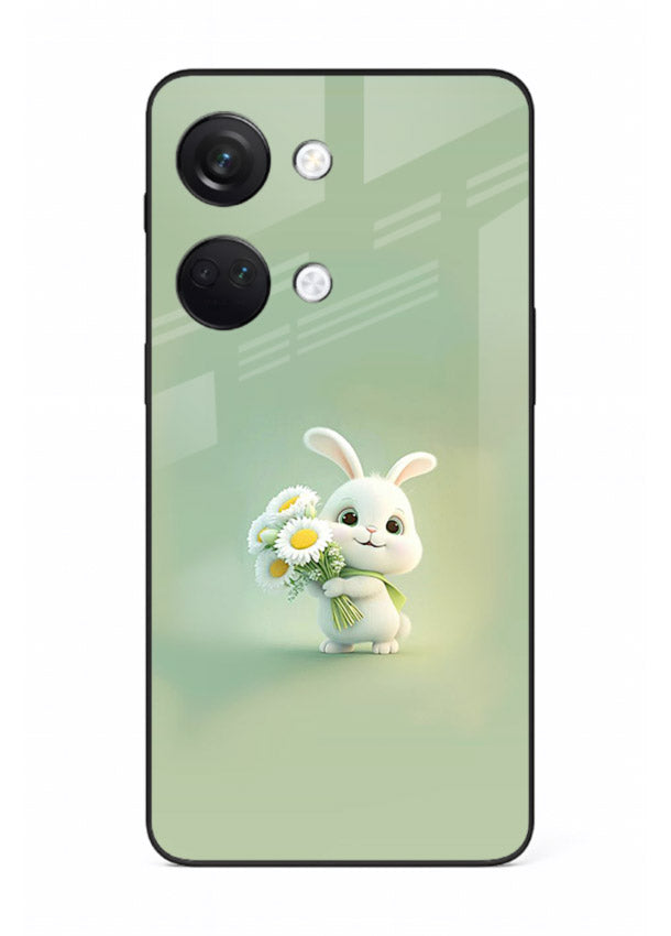 Pastel bunny artwork on OnePlus Nord 3 glass back cover with playful soft floral details.