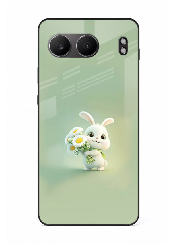 Pastel bunny artwork on OnePlus Nord 4 glass back cover with playful soft floral details.