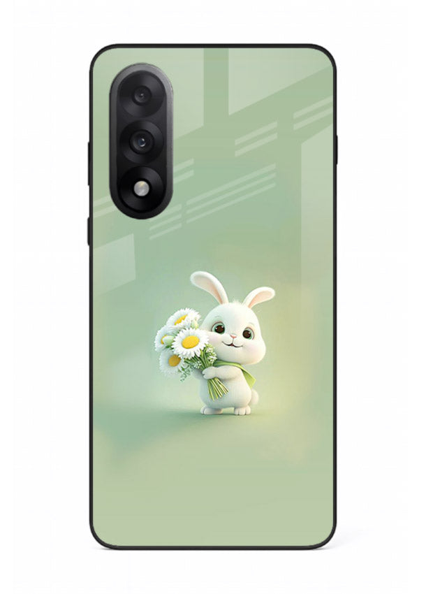 Pastel bunny artwork on OnePlus Nord 5 glass back cover with playful soft floral details.