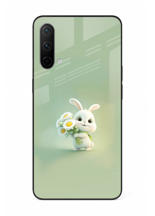 Pastel bunny artwork on OnePlus Nord CE 5G glass back cover with playful soft floral details.