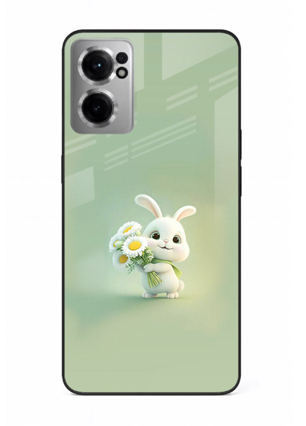 Pastel bunny artwork on OnePlus Nord CE2 5G glass back cover with playful soft floral details.