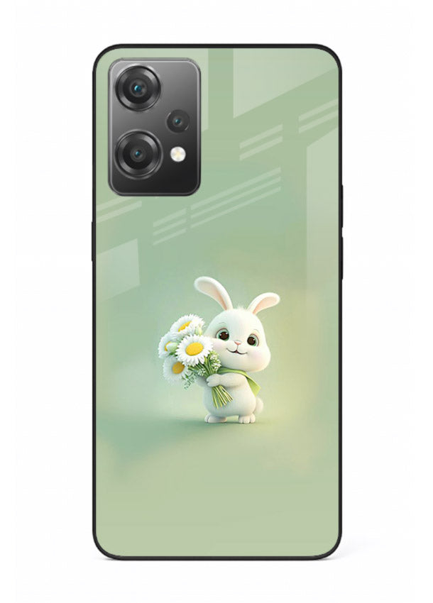Pastel bunny artwork on OnePlus Nord CE2 Lite 5G glass back cover with playful soft floral details.