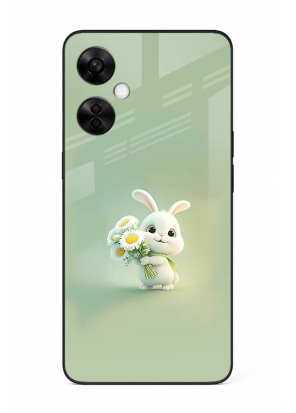 Pastel bunny artwork on OnePlus Nord CE3 Lite glass back cover with playful soft floral details.