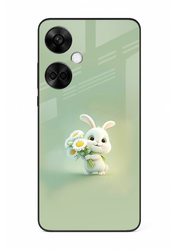Pastel bunny artwork on OnePlus Nord CE3 glass back cover with playful soft floral details.