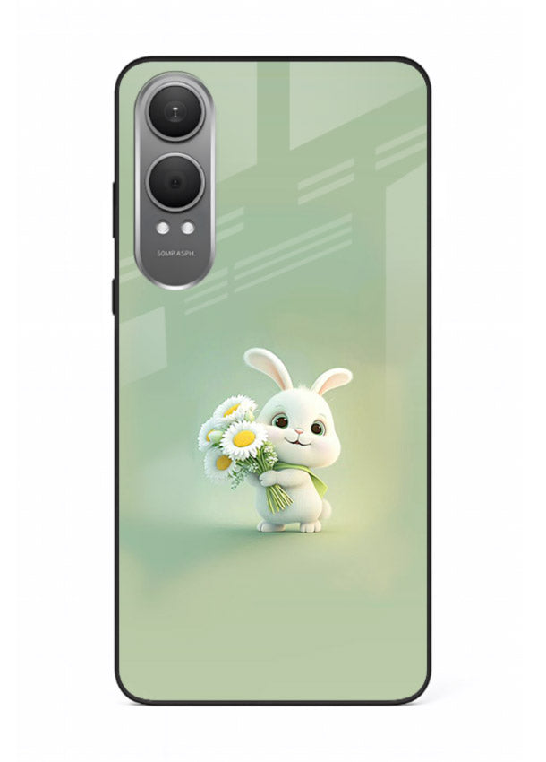 Pastel bunny artwork on OnePlus Nord CE4 Lite glass back cover with playful soft floral details.