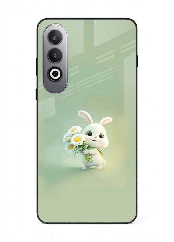 Pastel bunny artwork on OnePlus Nord CE4 glass back cover with playful soft floral details.