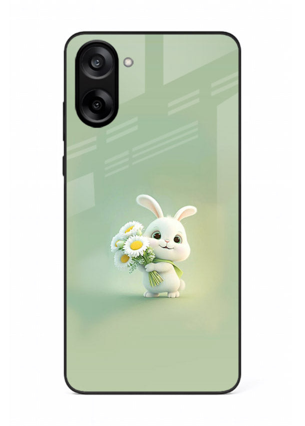 Pastel bunny artwork on OnePlus Nord CE5 glass back cover with playful soft floral details.