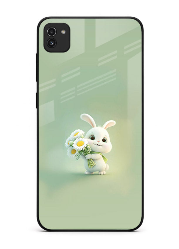 Pastel bunny artwork on Samsung A03 glass back cover with playful soft floral details.