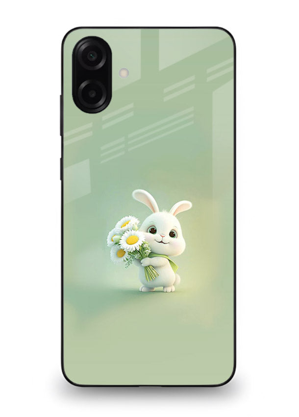 Pastel bunny artwork on Samsung M13 5G glass back cover with playful soft floral details.