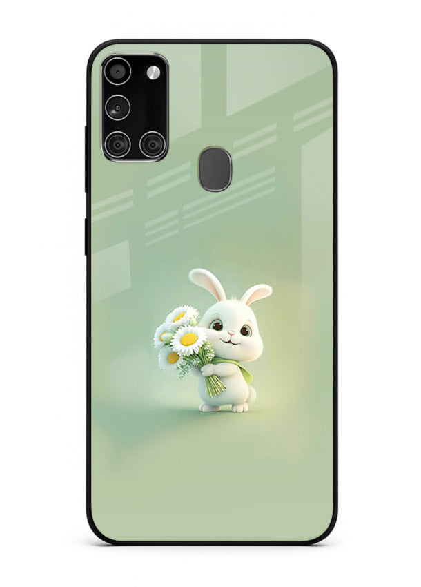 Pastel bunny artwork on Samsung A21s glass back cover with playful soft floral details.