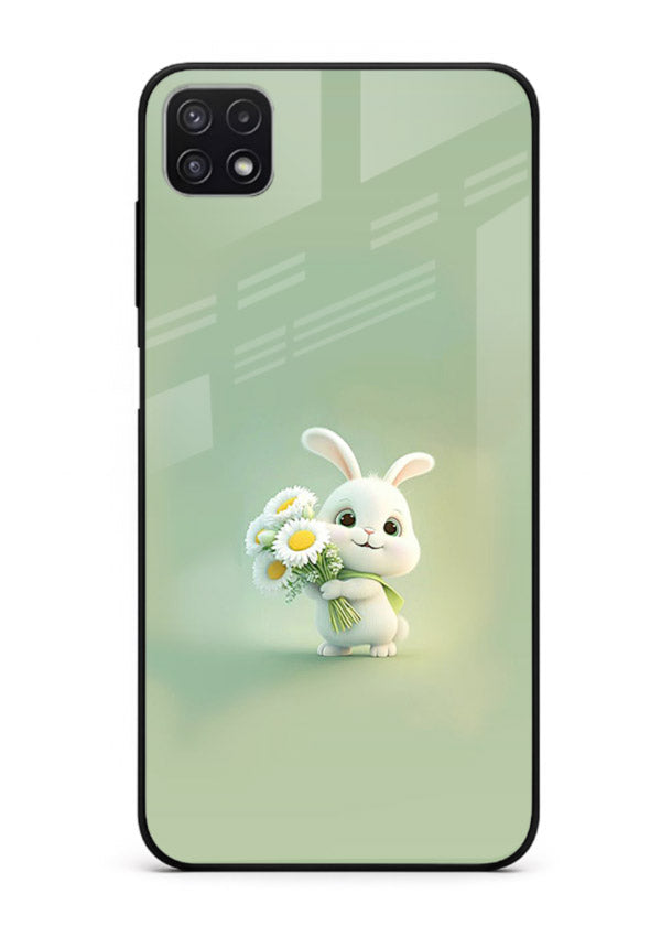 Pastel bunny artwork on Samsung F42 5G glass back cover with playful soft floral details.