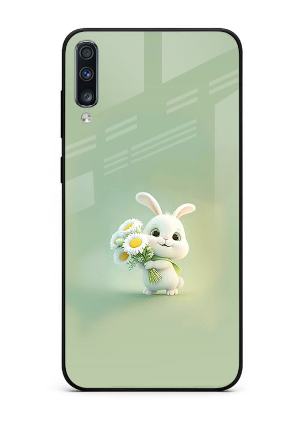 Pastel bunny artwork on Samsung A70 glass back cover with playful soft floral details.