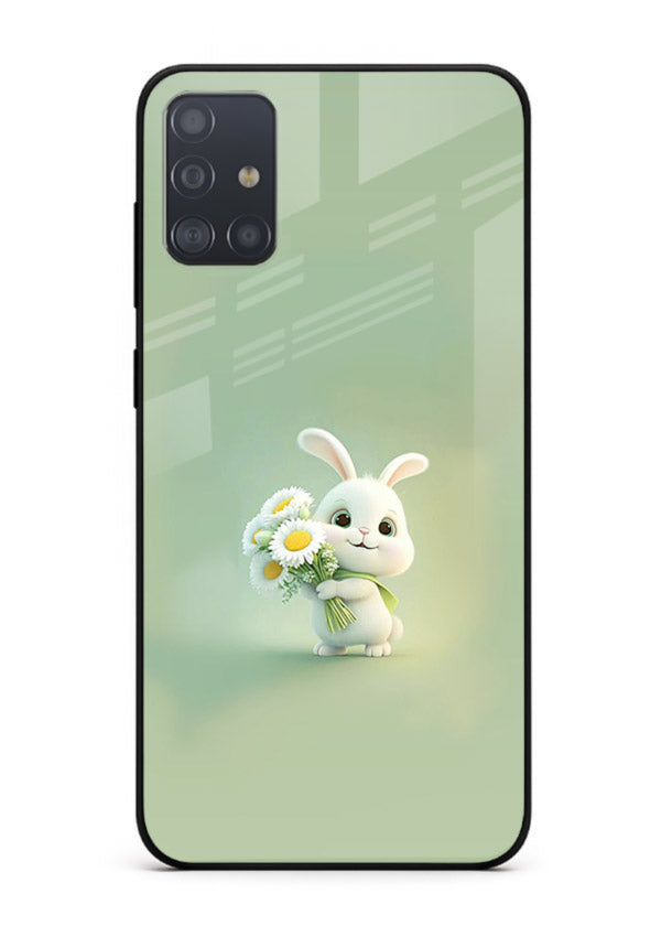 Pastel bunny artwork on Samsung A71 glass back cover with playful soft floral details.