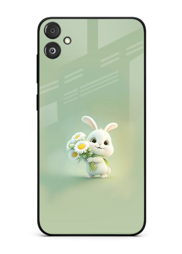 Pastel bunny artwork on Samsung F05 5G glass back cover with playful soft floral details.