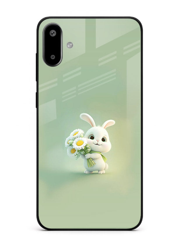 Pastel bunny artwork on Samsung F06 5G glass back cover with playful soft floral details.
