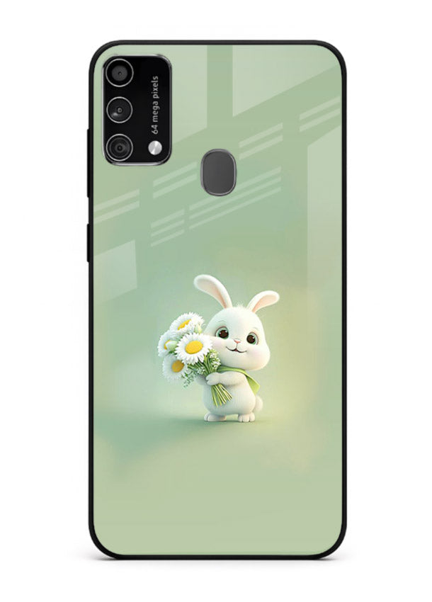 Pastel bunny artwork on Samsung F41 glass back cover with playful soft floral details.