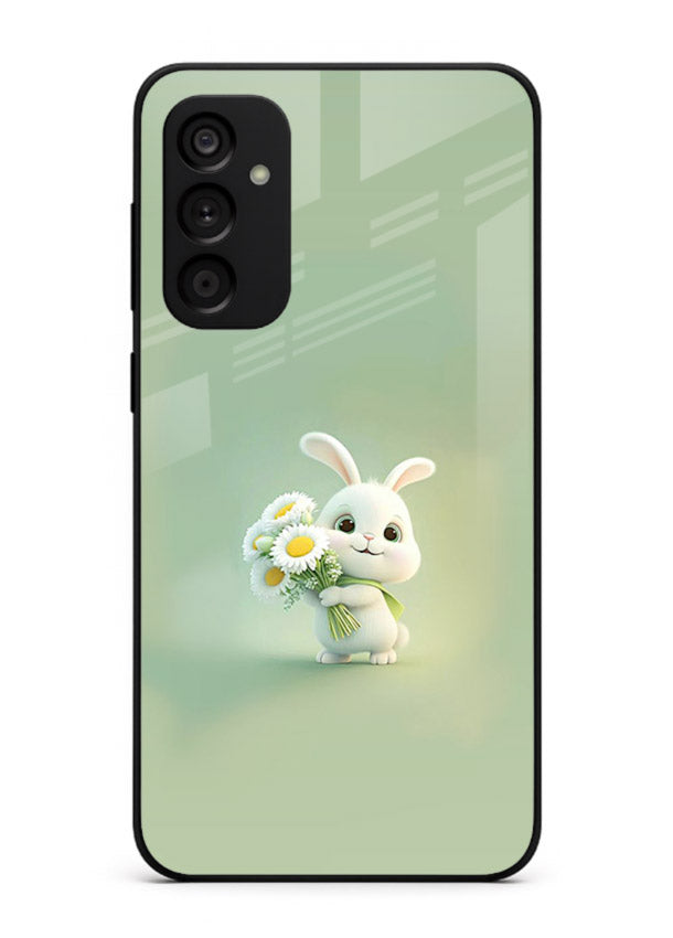 Pastel bunny artwork on Samsung A34 5G glass back cover with playful soft floral details.