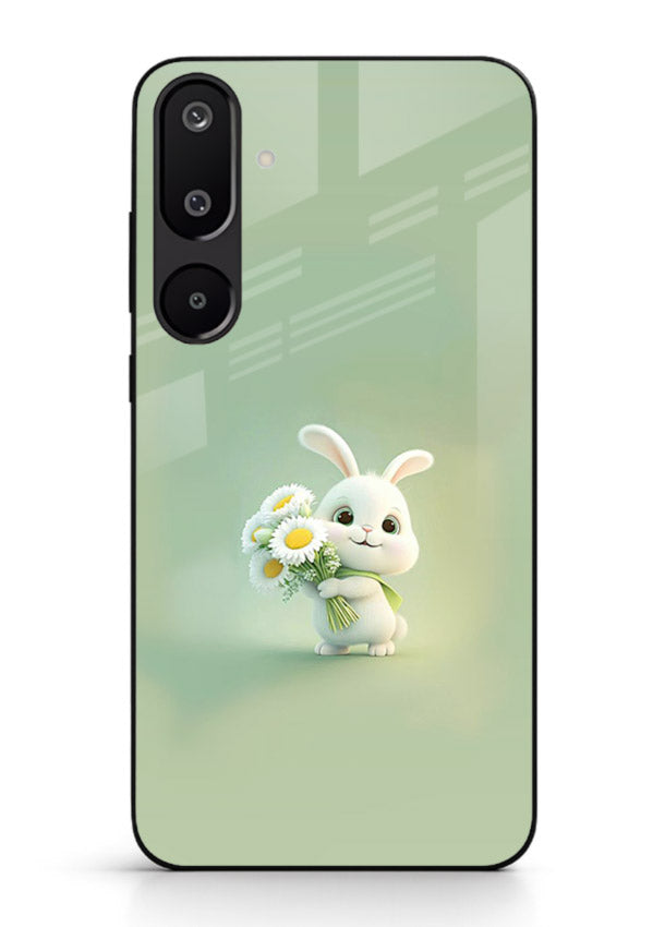 Pastel bunny artwork on Samsung M16 5G glass back cover with playful soft floral details.