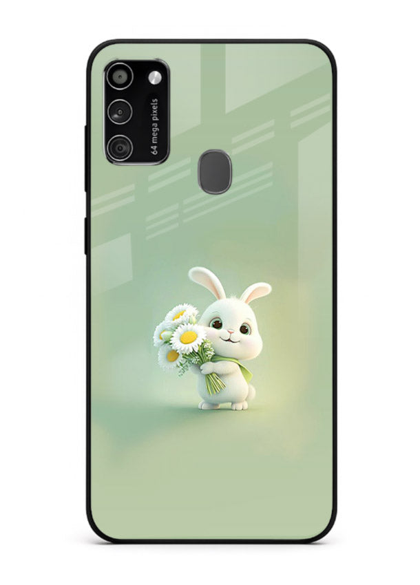 Pastel bunny artwork on Samsung M21 glass back cover with playful soft floral details.