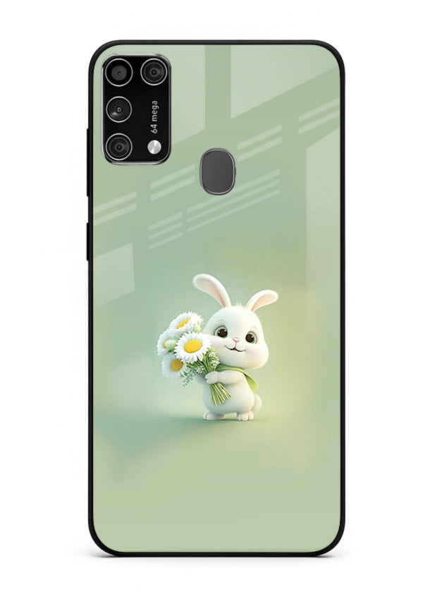Pastel bunny artwork on Samsung M31 Prime glass back cover with playful soft floral details.