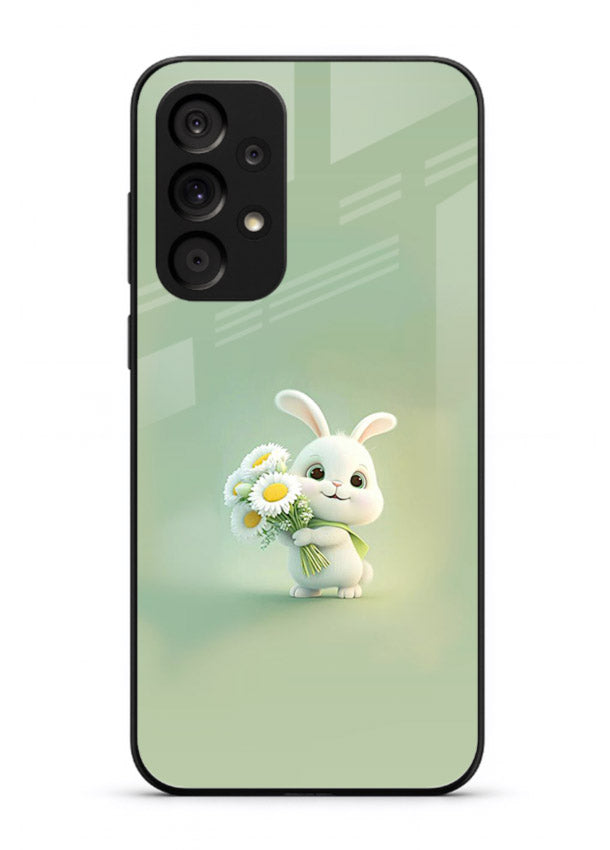Pastel bunny artwork on Samsung A33 5G glass back cover with playful soft floral details.