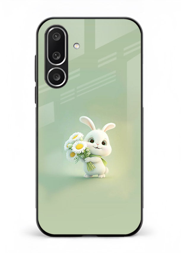 Pastel bunny artwork on Samsung M56 5G glass back cover with playful soft floral details.