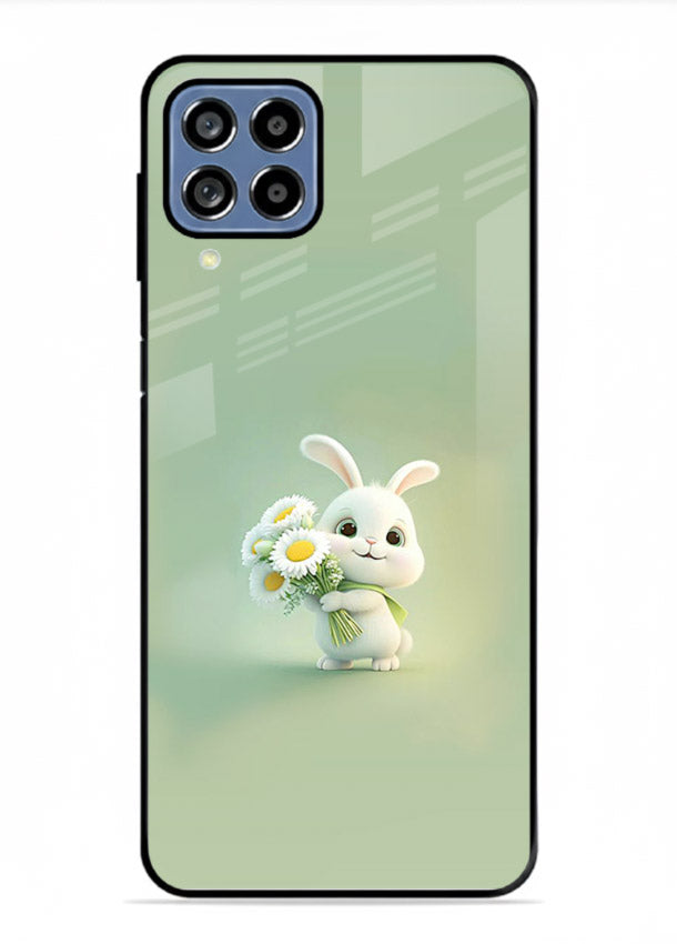 Pastel bunny artwork on Samsung M53 5G glass back cover with playful soft floral details.
