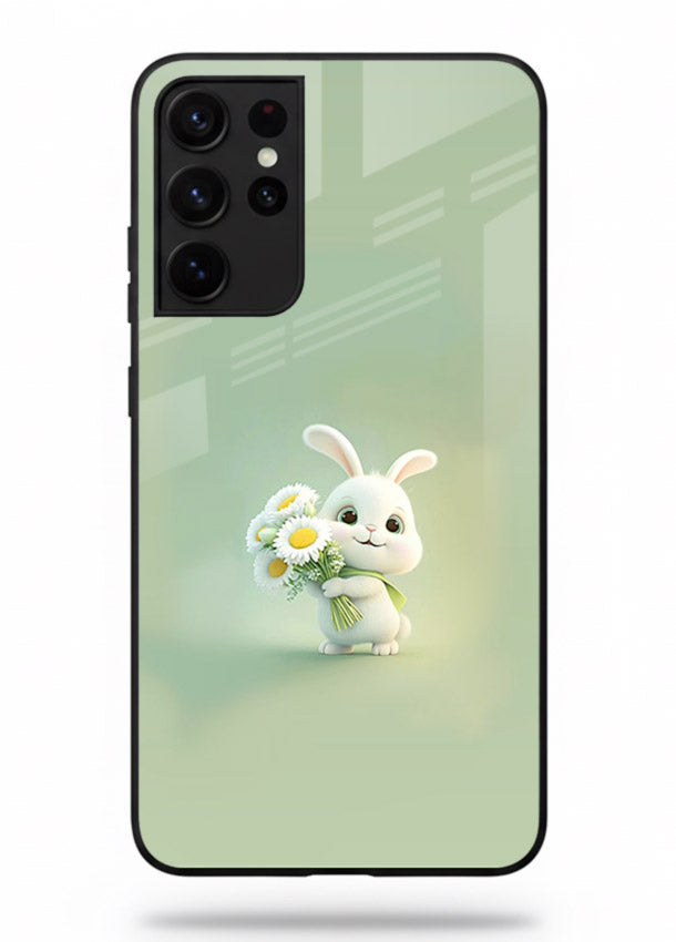 Pastel bunny artwork on Samsung S21 Ultra glass back cover with playful soft floral details.