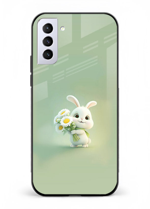 Pastel bunny artwork on Samsung S21 Plus glass back cover with playful soft floral details.