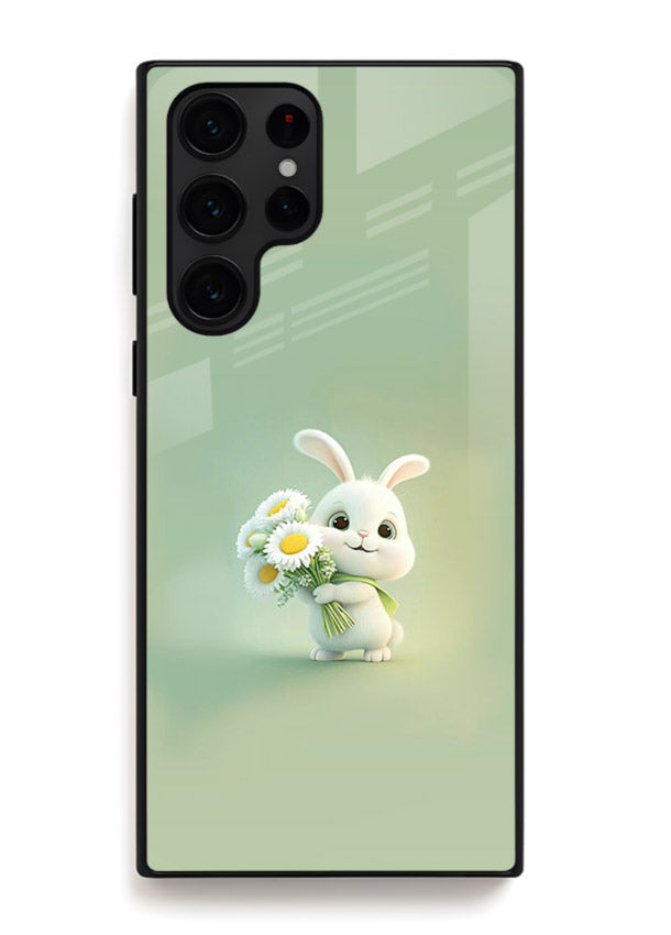 Pastel bunny artwork on Samsung S24 Ultra glass back cover with playful soft floral details.