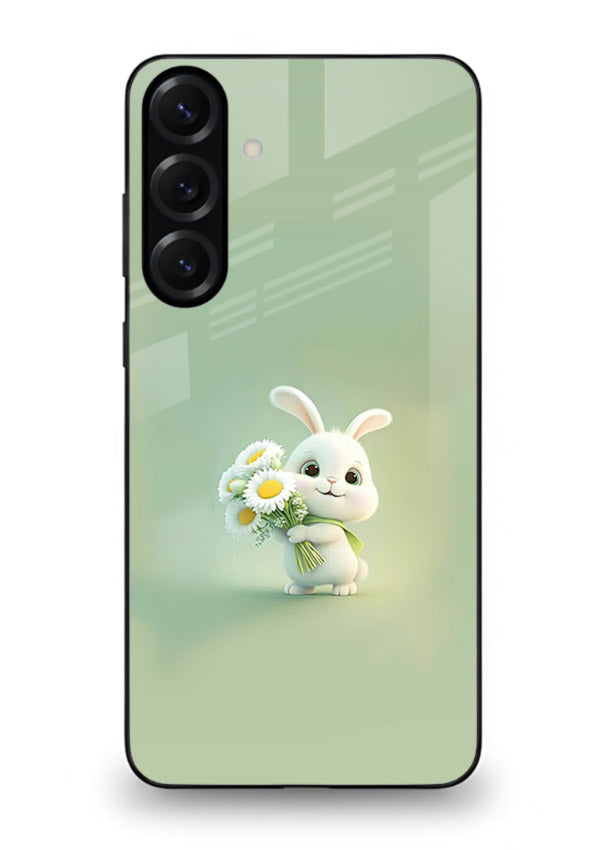 Pastel bunny artwork on Samsung M55 5G glass back cover with playful soft floral details.