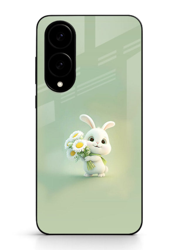 Pastel bunny artwork on Samsung S25 Edge glass back cover with playful soft floral details.