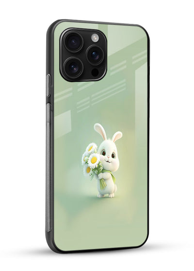 Pastel bunny artwork on glossy vibrant premium glass back cover with playful soft floral details. - Angle Side