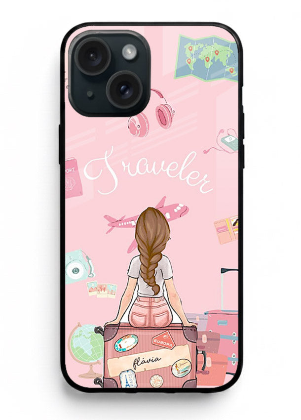 Cute Traveler Illustration pastel artwork iphone 15 plus glass back cover