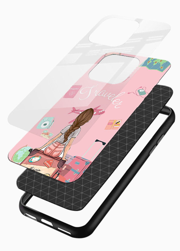 Cute Traveler Illustration pastel artwork glossy vibrant premium glass back cover - Angle Layers