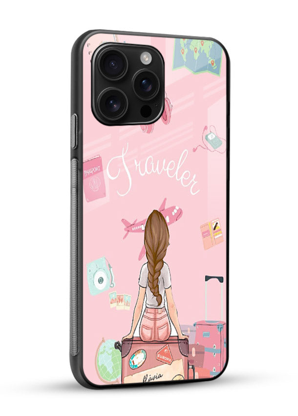 Cute Traveler Illustration pastel artwork glossy vibrant premium glass back cover - Angle Side