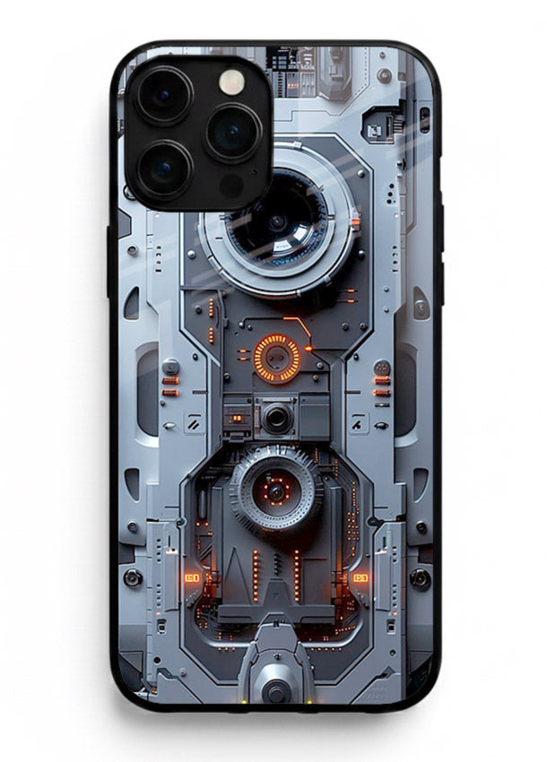 Futuristic metallic mechanical panel with lens elements for iPhone 15 Pro Max Back Cover