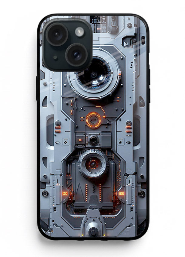 Futuristic metallic mechanical panel with lens elements for iPhone 13 Back Cover