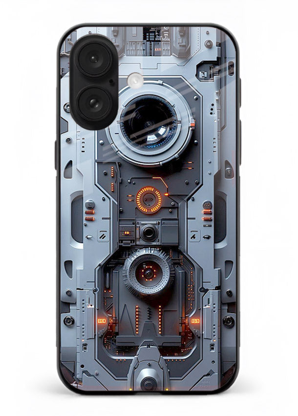 Futuristic metallic mechanical panel with lens elements for iPhone 16 Plus Back Cover