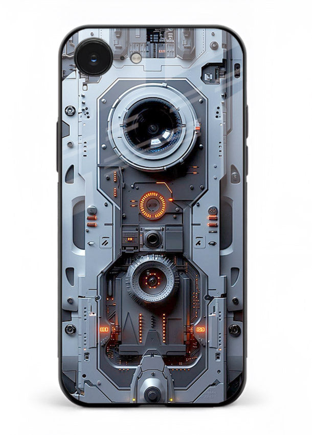 Futuristic metallic mechanical panel with lens elements for iPhone 16E Back Cover