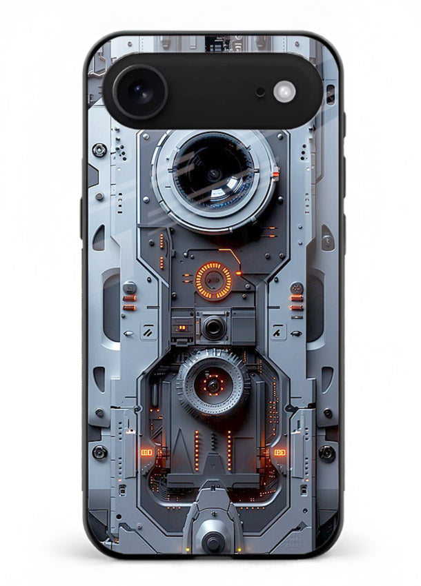 Futuristic metallic mechanical panel with lens elements for iPhone 17 Air Back Cover