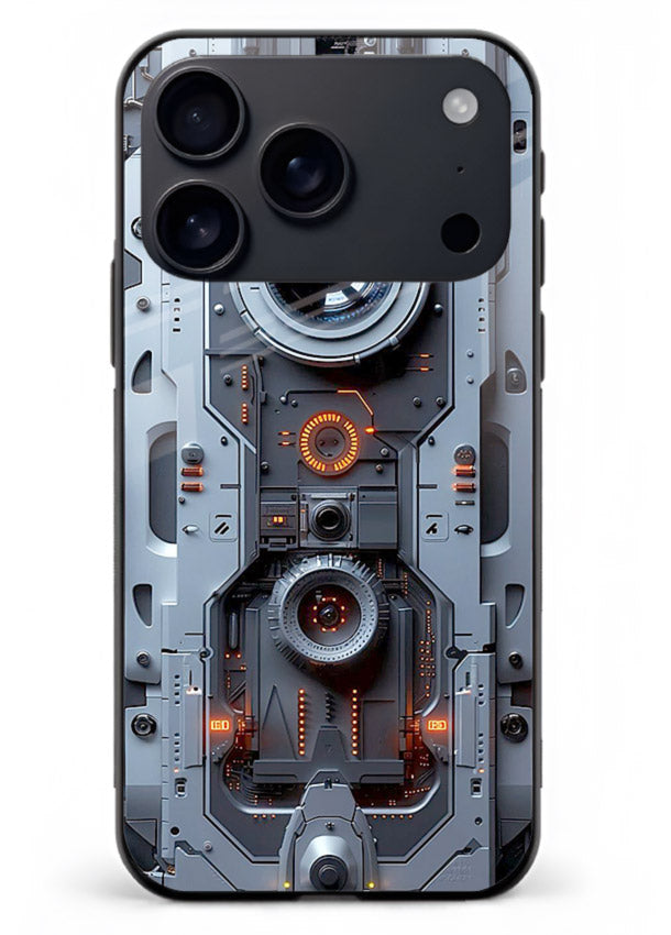 Futuristic metallic mechanical panel with lens elements for iPhone 18 Pro Back Cover