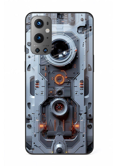Futuristic metallic mechanical panel with lens elements for OnePlus 9 Back Cover