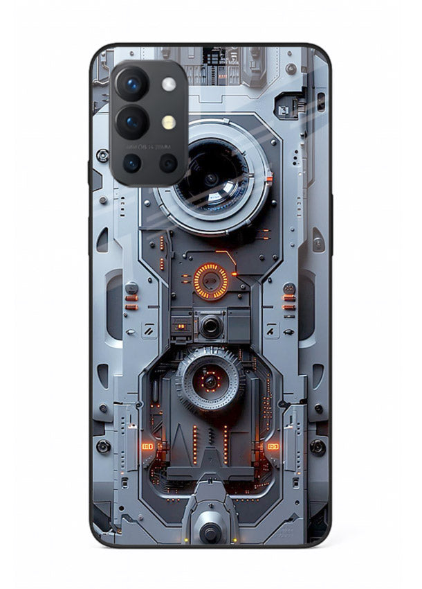 Futuristic metallic mechanical panel with lens elements for OnePlus 9R Back Cover