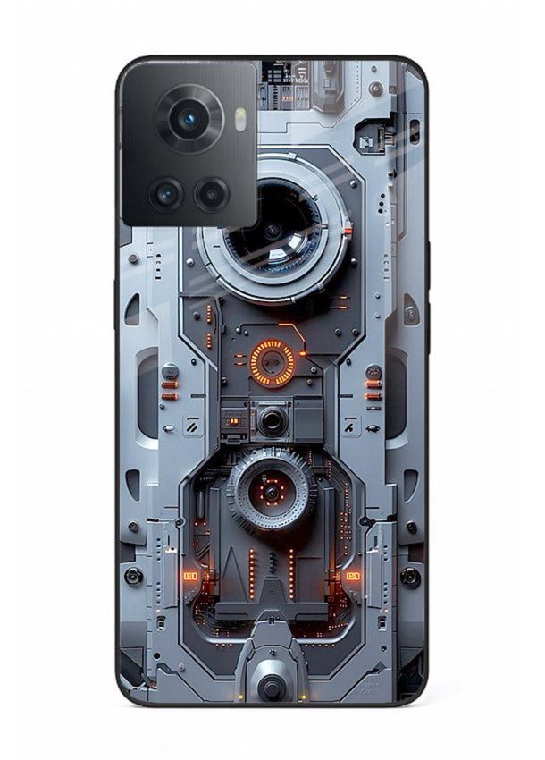 Futuristic metallic mechanical panel with lens elements for OnePlus 10R Back Cover