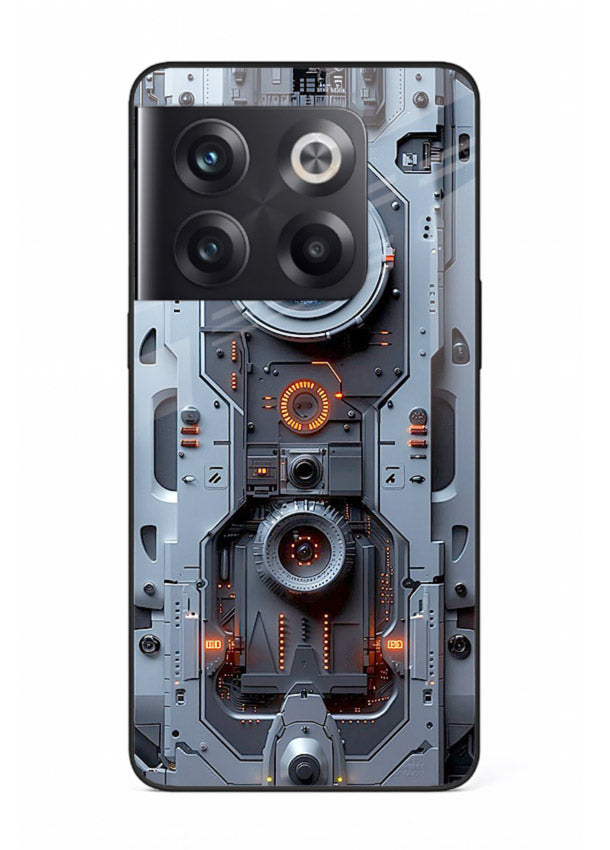 Futuristic metallic mechanical panel with lens elements for OnePlus 10T Back Cover